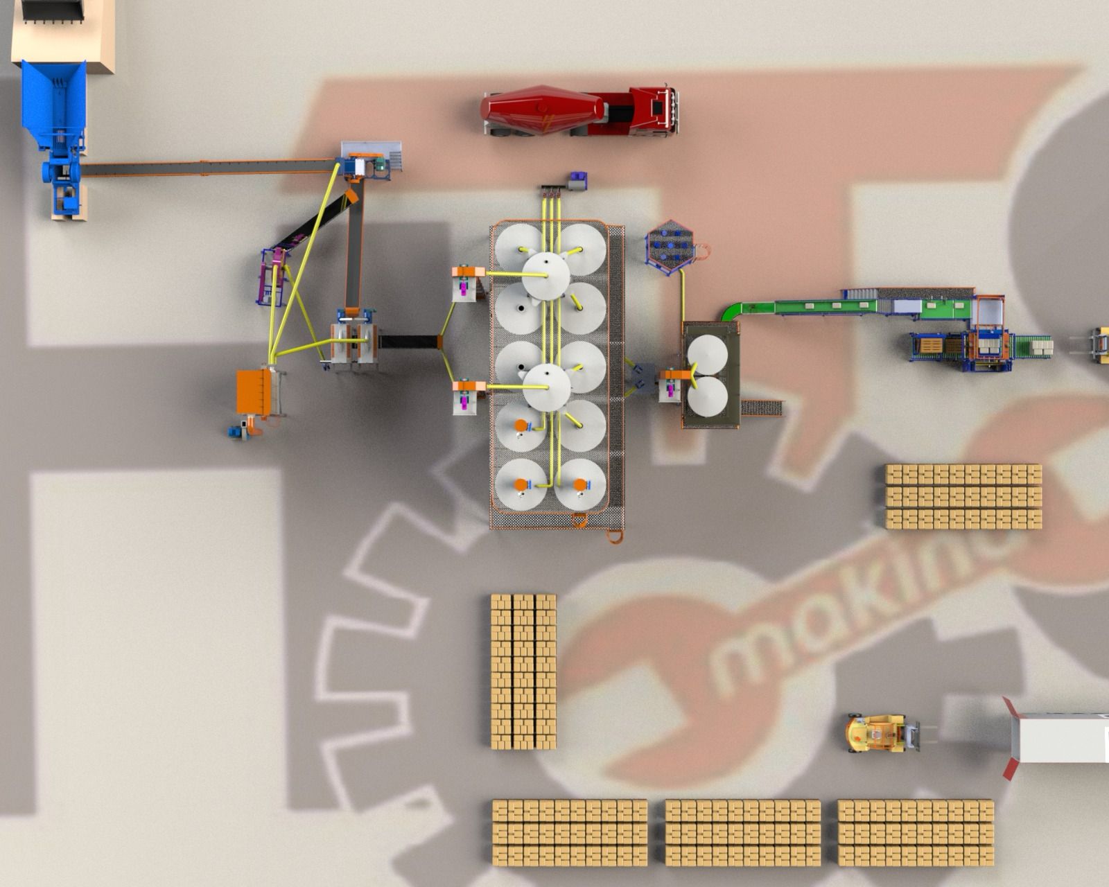 8 saat 150 ton kırma+eleme+otomatik paletleme hat üst görünüm